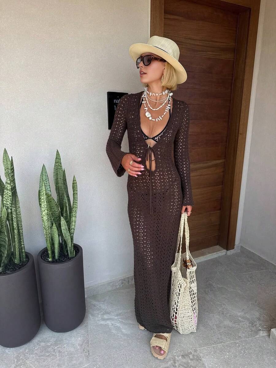 Senya 女士深V领系带长款喇叭袖针织连衣裙，沙滩罩衫，春夏度假，优雅海滩泳装，休闲时尚，日常通勤，派对，2026情人节新款针织长裙 - 咖啡棕 - 查看 1