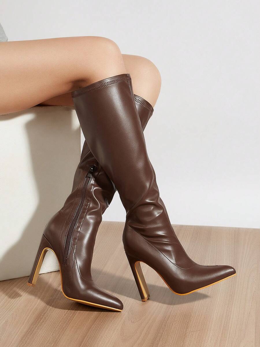 Sepatu Bot Wanita Modis, Bergaya Vintage, Nyaman, Musim Gugur/Musim Dingin, Hak Tinggi - Coklat - View 1