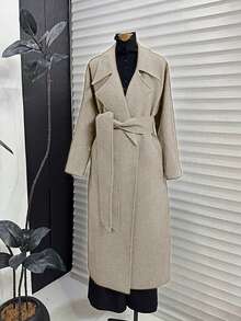SMILE CHIC Apricot Oversized Lapel Long Coat, Solid Color With Pockets And Belt - Apricot - View 3