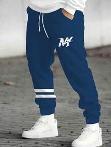 Plus Size Men's American Street Style Cuffed Sweatpants, Black Base With NY Letter Print On Side + Double White Stripes On Hem, Loose Fit Slimming Drawstring Waist High Elasticity Casual Sports Long Pants - Blue - View 1