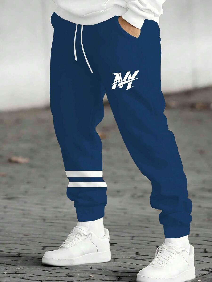 Plus Size Men's American Street Style Cuffed Sweatpants, Black Base With NY Letter Print On Side + Double White Stripes On Hem, Loose Fit Slimming Drawstring Waist High Elasticity Casual Sports Long Pants - Blue - View 1