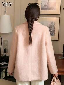 [Y6Y] 女士时尚粉色中长款外套，双排扣宽松羊毛夹克，适合圣诞节和休闲穿着 - 粉色 - 查看 3