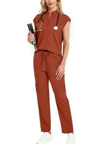2 piezas Conjunto de uniforme de scrubs de unicolor con top de cuello en V de manga corta y pantalones con bolsillos - Naranja Coral - Ver 7