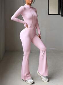 Aoqta Sports 女士夏季休闲纯色两件套，修身长袖拉链立领上衣搭配高腰显瘦喇叭裤，适合瑜伽、跑步、健身和日常穿着。 - 粉色 - 查看 5