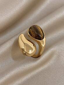 18K Gold Plated Stainless Steel Luxury Vintage Tiger Eye Stone Bracelet & Ring Set, Elegant Jewelry Gift For Women, Suitable For Mother's Day, Christmas, Thanksgiving, Carnival, Wedding, Rave Party/Ball, Anniversary, Valentine's Day, Bohemian Birthday Bridesmaid Gift - Multicolor - View 5