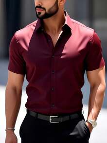 Stylish Men's Short-Sleeved Shirt With Lapel And Buttons For Summer. - Burgundy - View 2