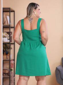 Plus Size Linen Short Dress With Button And Pocket, New Model. - Green - View 6