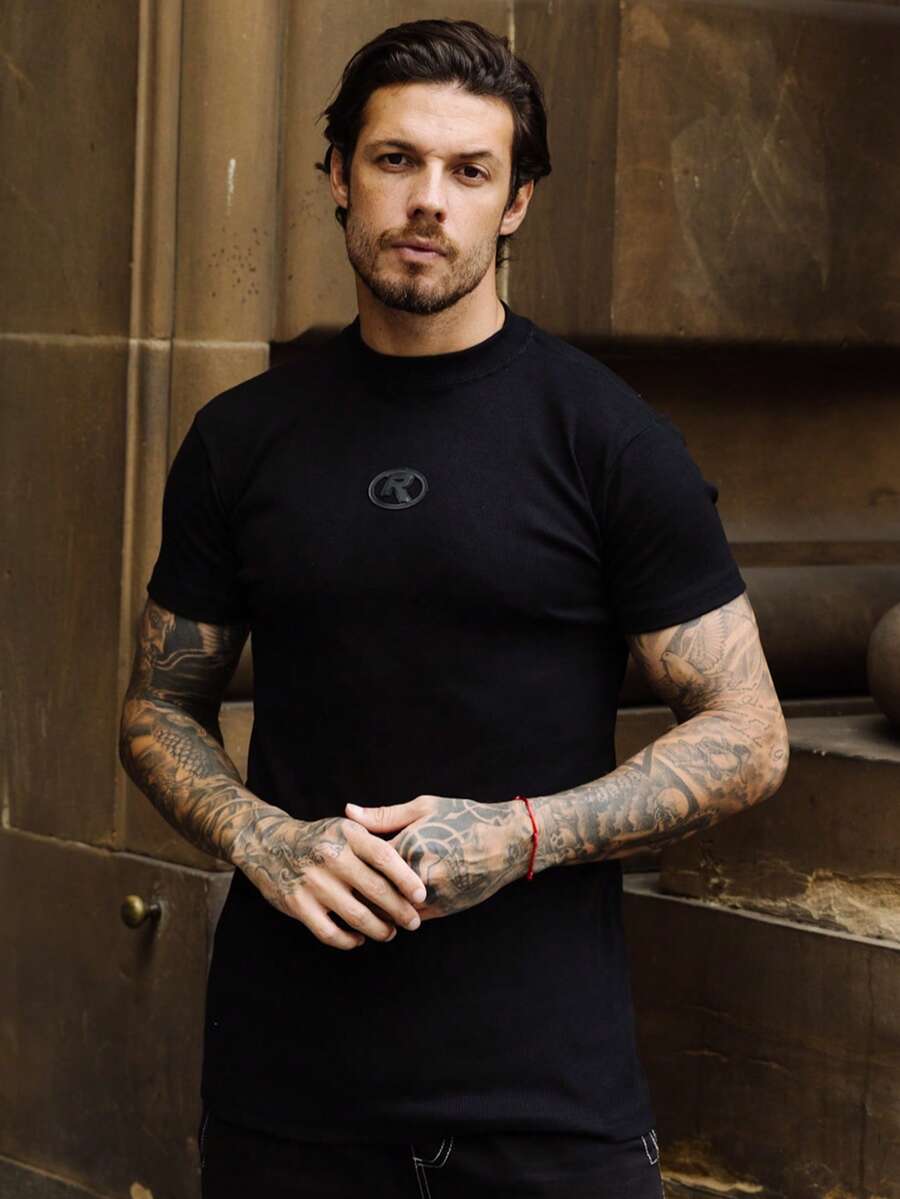 Slim Fit Ribbed T-Shirt, Black Circle Style, American Streetwear Fitted, Ribbed Knit - Black - View 1