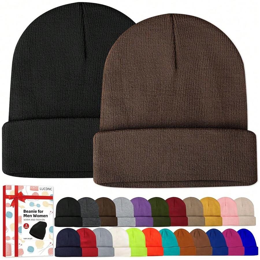 Beanies For Men Women 2 Pack Fall Winter Men's Hats Unisex Warm Knit Skullies Beanies Soft Ski Caps,Brown - Brown - 查看 1