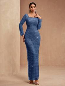 新款奢华优雅女士亮片礼服，饰以亮片、蕾丝拼接，方领设计，常规直筒袖，后背系带可调节，前开衩，适合正式场合、派对、婚礼、红毯派对等。 - 灰藍色 - 查看 5