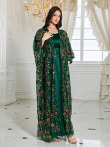 UNITHORSE Women's Round Neck Batwing Sleeve Sequin Contrast Mesh Embroidered Belt 2 Pieces Turkish Robe - Dark Green - View 6