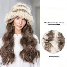 Women's Hat & Wig In One - Winter Warm Knit Hair System With Natural Realistic Long Curly Brown Hair, Body Wave Texture, Comfortable & Easy Care, Ideal For Daily Outdoor Use, All Light Beige Tones (Brown/Blonde/Black/Red/Gray/White) - Versatile For Casual & Formal Events - 棕色黑色針織帽 - 查看 6