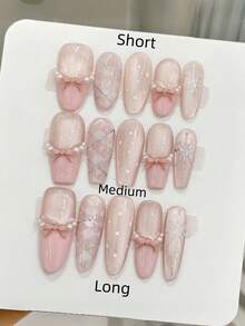 10片手工椭圆棺材形美甲贴片，中长款，柔和粉色，闪亮猫眼法式美甲，波点格纹图案3D蝴蝶结，珍珠镶嵌，前卫优雅奢华秋季美甲贴片，适合派对、日常、约会、海滩、热带度假等场合，DIY美甲，适合女性和女孩作为礼物，美甲用品 - 粉色 - 查看 23