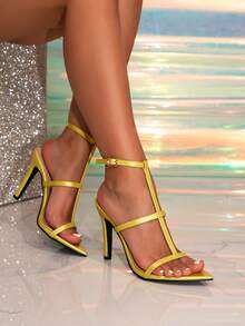 1双纯色尖头细高跟凉鞋，夏季户外女鞋 - 芥末黃 - 查看 2