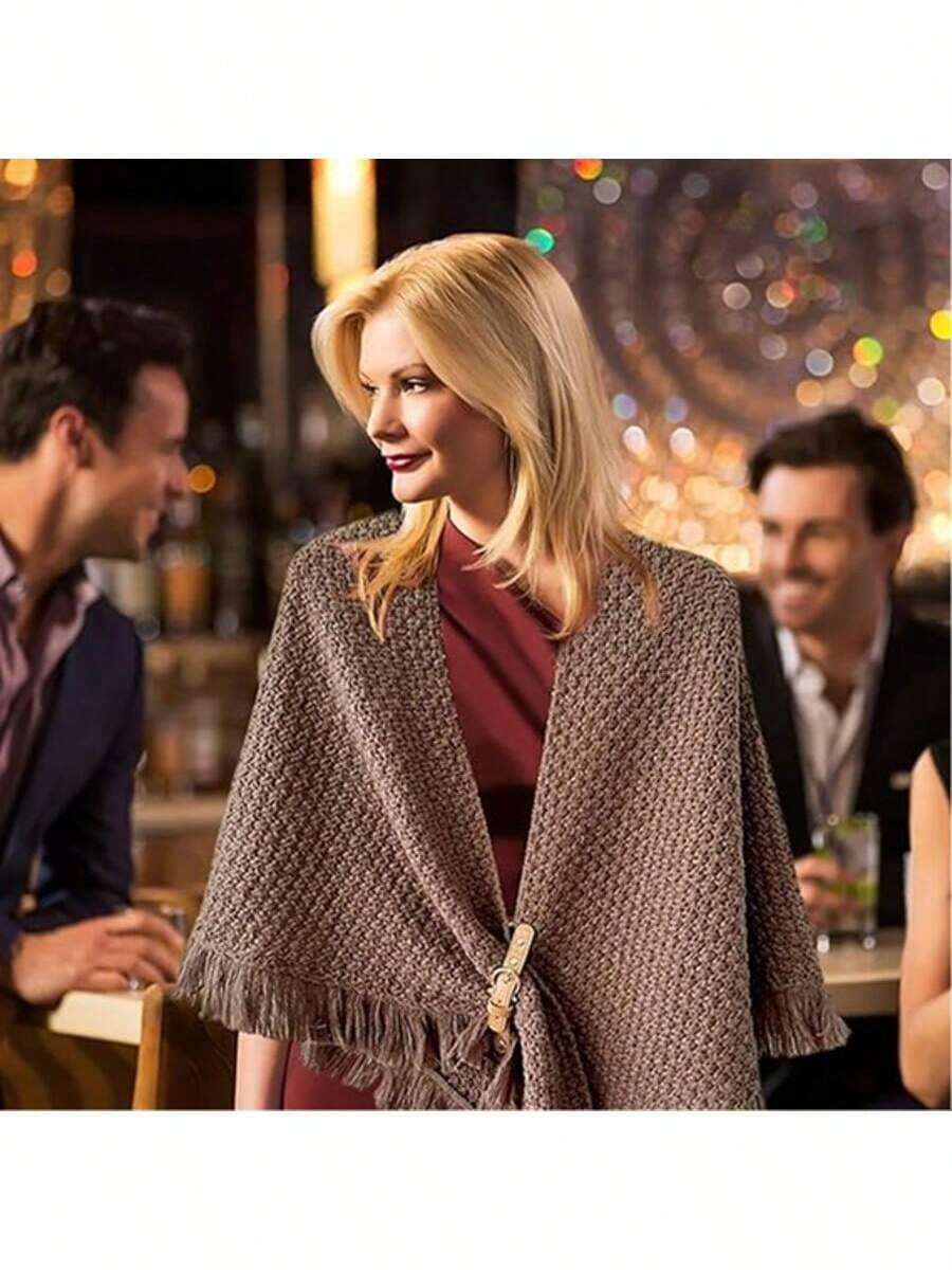 Women's Crochet Cashmere Shawl, Decorated With Bows And Pom-Poms, Caramel Color, Warm Triangular Scarf, Perfect For Autumn And Winter.