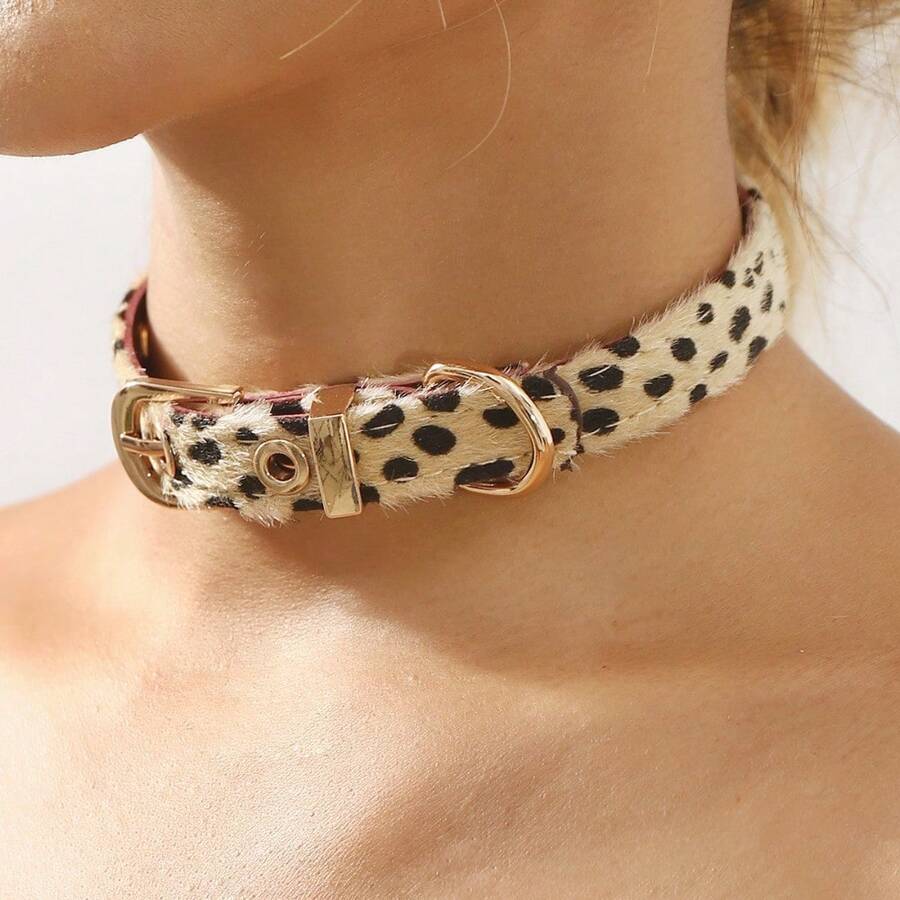Y2K Collar Female Hipster, Leopard Print Choker Babes, Punk Leather Neck Strap Ins Wind - choker - 查看 1
