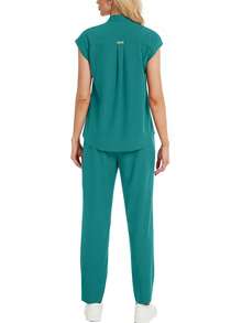 2pcs Set Solid V-Neck Short Sleeve Top And Pants Scrub Set Spring - Cadet Blue - View 3