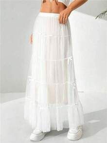 Novedad otoño/invierno: falda de malla de encaje con lazo para mujer, sexy y casual, ideal para llevar a diario, en vacaciones, fiestas, salidas, Navidad, Año Nuevo, citas y en casa. - Blanco - Ver 3