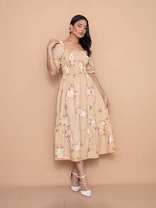 Helena Printed Crepe Midi Dress With Elasticated Waist And Short Sleeves. - 卡其色 - 查看 2