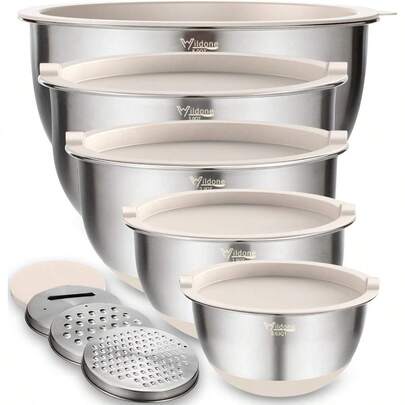 Mixing Bowls Set Of 5 Stainless Steel Nesting Bowls With Khaki Lids 3 Grater Attachments Measurement Marks And NonSlip Bottoms Size 5 3 2 1.5 0.63 QT Great For Mixing And Serving