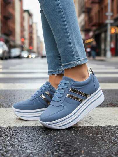 MUJER ZAPATILLAS DEPORTIVAS CON CORDONES TENIS DE PLATAFORMA  AZUL