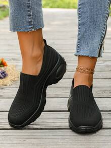 女士纯色网眼运动鞋，系带增高休闲透气运动运动鞋，低帮舒适鞋 - 黑色 - 查看 8