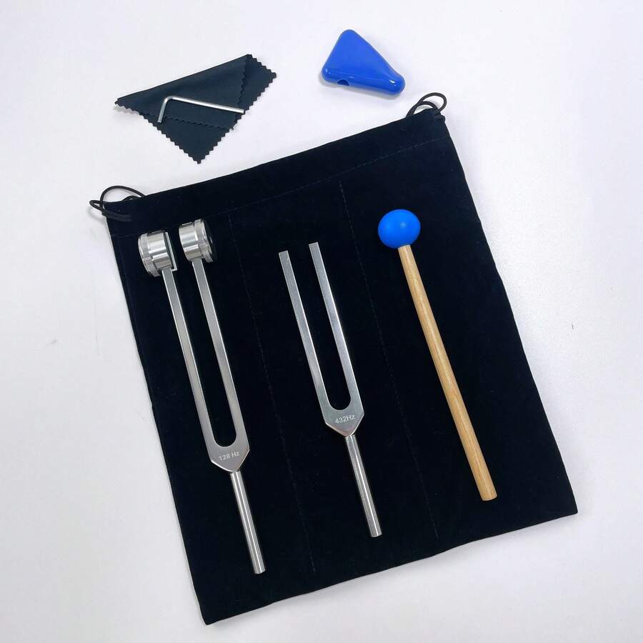 1 Set, Silver 128Hz + 384Hz, 128Hz + 432Hz Tuning Forks, Aluminum Alloy Tuning Fork Set (Includes Velvet Pouch + Mallet + Accessories) - Silver - View 1