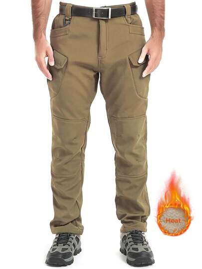 Alpha Camp 1pc ALPHA CAMP Outdoor Windproof Water-Repellent Fleece Soft Shell Pants For Men, Winter
