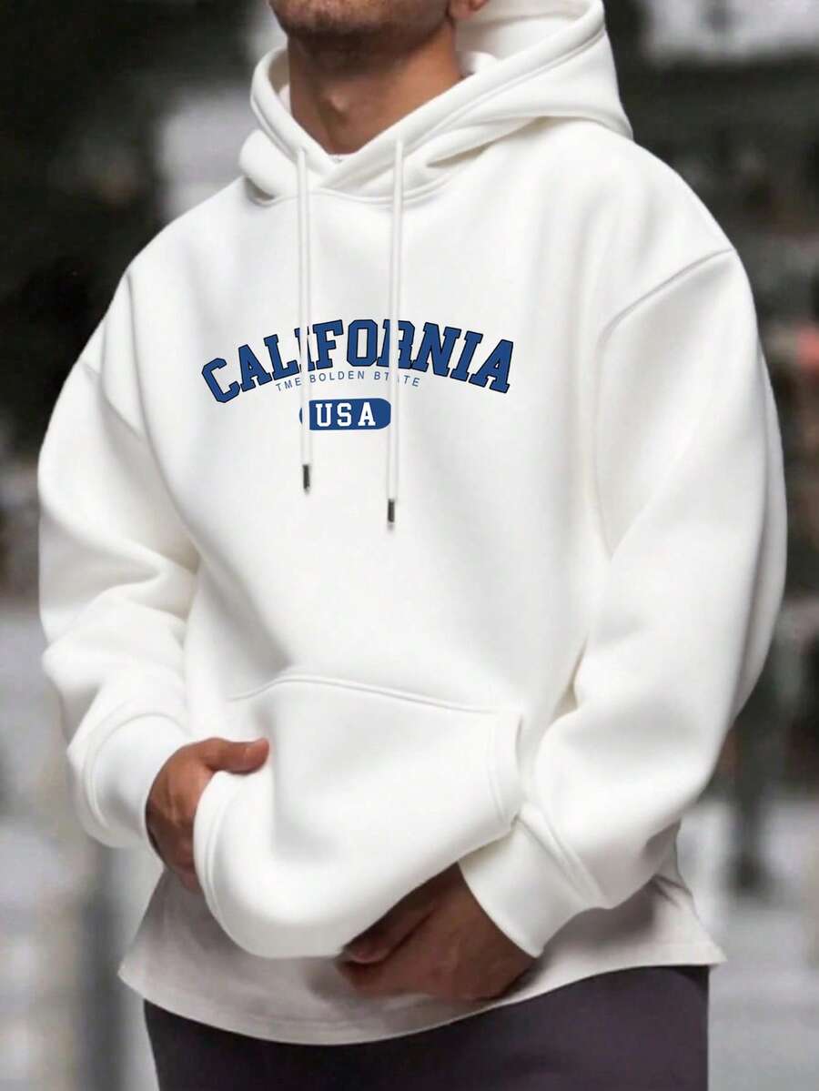 男士休闲时尚百搭日常通勤 CALIFORNIA 字母标语印花袋鼠口袋抽绳连帽衫，秋冬款 - 白色 - 查看 1