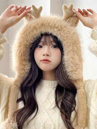 1顶女士圣诞节服装帽，新款可爱蓬松针织加厚冬帽，女士多功能鹿角毛球耳罩帽