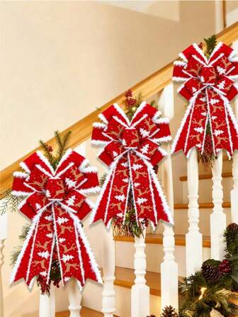 1Pc 15*9-Inch Christmas Red Wreath Bow With Golden Reindeer Design, Polyester Outdoor Holiday Decoration, Suitable For Trees And Homes, Christmas Tree Bow, Christmas Gift, Christmas Decoration, Home Decoration, Door Hanging Decoration Christmas Decorations Room Decor Winter Christmas Decorations Home Christmas Gifts Christmas Decor