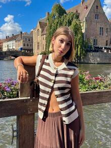 VIBEWAVE Collegiate Style Sleeveless Knit Vest For Women, New Arrival - Brown - View 3