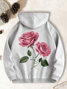 Gray Hoodie With Pink Rose Print Unisex Streetwear Fashion Sweatshirt For Men And Women Casual Outfit Gift For Flower Lovers - 灰色 - 查看 2
