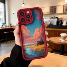 Cubierta de teléfono con diseño de paisaje al atardecer en tonos naranja y azul para iPhone 14 Pro Max funda protectora resistente a golpes ideal para uso diario en cafeterías y exteriores Aplicable a los teléfonos de la serie Apple y Galaxy - Burdeos - Ver 2