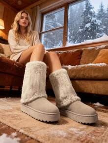 2025 Neue Damen Schneestiefel, Plateau-Sohle Wadenstiefel, Thermofutter, lässige warme flache Mittelhöhenabsätze, rutschfest, beige hohe Stiefel, Große Größen Stiefel mit Kunstfelleinsatz - Beige - Übersicht 8