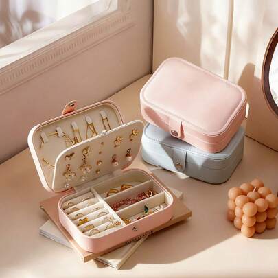 1个PU皮革首饰盒，多功能双层拉链首饰展示盒，便携式旅行首饰收纳盒，适用于戒指、手镯、耳环、项链，也适合存放指甲油、唇彩、隐形眼镜、化妆包，情人节礼物，送给女朋友、妈妈、女性的礼物，圣诞节礼物，新年礼物，女士礼物，圣诞礼物，女士礼物创意