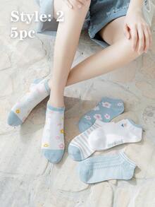 5 piezas Nuevos calcetines cortos de mujer estilo INS 2026, calcetines cortos versátiles con estampados de rayas, frutas, flores, abejas, ciervos, helados, calcetines cortos de unicolor a rayas, accesorios de moda cómodos y casuales - Multicolor - Ver 16