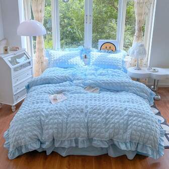 3件套全新纯色蕾丝泡沫纱线三件套，可爱清新风格，亲肤柔软，四季皆宜（2个枕套，1个被套，不含被芯，填充被芯效果更佳）