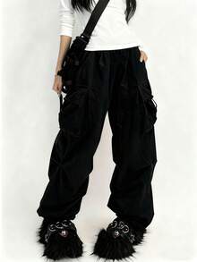 1 chiếc quần cargo nữ dáng rộng có túi nắp và dây rút bên hông, quần dài màu trơn phong cách thường ngày, thích hợp cho mùa xuân, hè, thu và đông. - màu đen - Xem 5