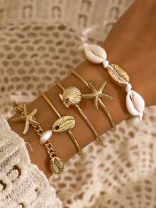 Juego de pulsera de mujer de moda y lujo con colgante de estrella de mar y concha, accesorios para vacaciones en la playa - Amarillo Oro - Ver 2