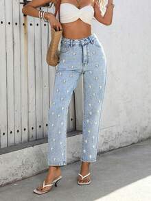 Happy Girl Summer Women's Casual Fashion Minimalist Music Festival Casual Cute Elegant Denim Daisy Embroidered Ladies Jeans Pants - Blue - View 6
