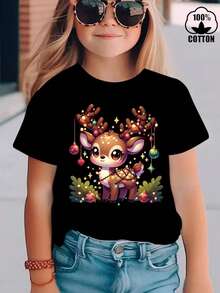 Esta nueva camiseta de manga corta para niñas, 100% algodón, luce un estampado navideño y un corte holgado, informal y versátil. Confeccionada con un tejido suave y delicado con la piel, es suave con la piel sensible de tu hija, permitiéndole moverse con libertad y comodidad durante las reuniones familiares navideñas, los eventos escolares o los juegos al aire libre. - Negro - Ver 1