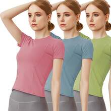 OENZBZV Paquete de 3 Playera Deportiva Mujer Cuello Redondo, Blusa Deportiva Mujer Corta, Camisetas Elástica para Mujer, Gym Ropa Mujer - Azul claro + Verde + Rosa - Ver 3