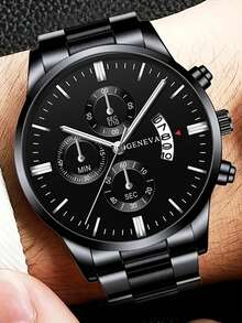 4pcs Men's Steel Band Quartz Watches, Sports Chronograph Watches - Perfect For Halloween, Christmas, Thanksgiving, Valentine's Day, Etc. - Ideal Gift For Boyfriend Or Family - Black - View 7