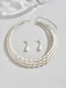 3pcs/Set Women's Elegant Luxury Rhinestone & Faux Pearl Multi-Layer Necklace & Earrings Jewelry Set, Suitable For Party Wear - Multicolor - View 3