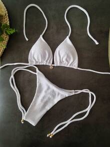 2026 New Solid Color Shell Bikini, Sexy Lace-Up Separates Swimwear Set For Women Vacation Beach White - White - View 5