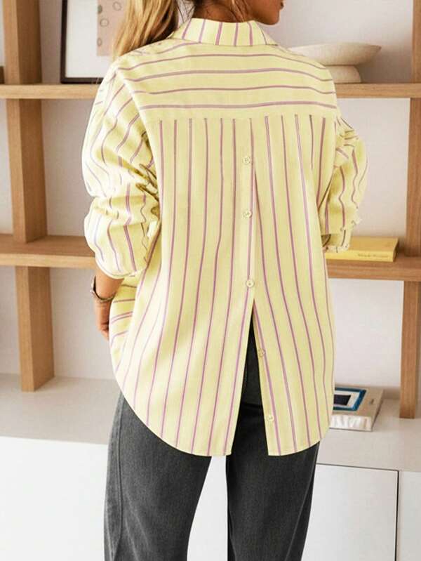 Ropa de otoño para mujer Blusa amarilla casual de manga larga con botones y rayas para uso diario, camisa de mujer de otoño