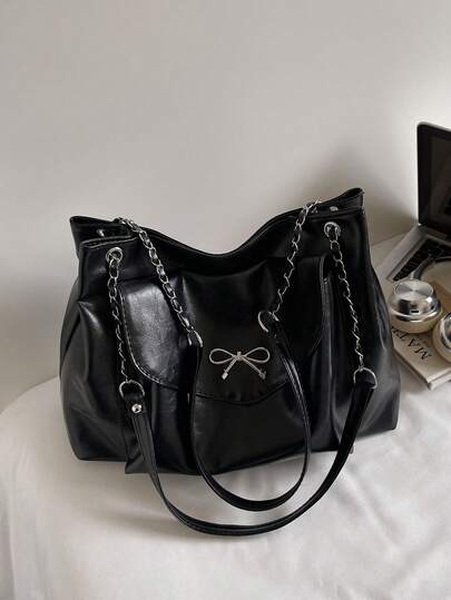 High-Quality 2025 Autumn/Winter New Versatile Tote Bag For Women, Solid Color With Bow & Chain Decor, Shoulder & Crossbody Handbag