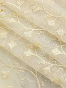 1件装优雅刺绣叶子薄纱窗帘，经典法式风格，杆袋式设计，适用于卧室和客厅，透明透光窗帘 - 米色 - 查看 3