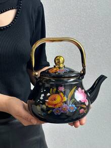 1pc,High Appearance Level Nostalgic Flower Enamel Kettle, Steel Handle Kettle, Household Boiling Kettle, Coffee Pot, Kitchen Gas, Induction Cooker Can Directly Heat Kettle, Gift Kettle For Elders And Relatives - Black Nostalgic Flowers - View 3